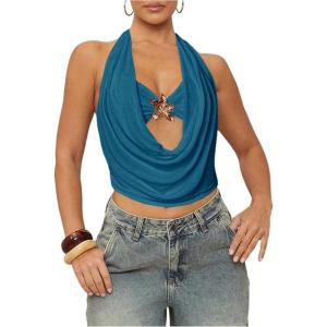 image:imageSOLY HUX Womens Halter Top Cut Out Draped Front Sleeveless Tie Backless Crop Tank TopsPlain Blue