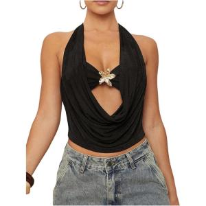 image:imageSOLY HUX Womens Halter Top Cut Out Draped Front Sleeveless Tie Backless Crop Tank TopsSolid Black