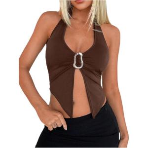 image:imageSOLY HUX Womens Halter Top V Neck Sleeveless Split Hem Backless Y2k Crop Tank TopsSolid Brown