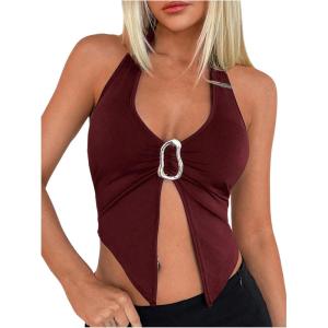 image:imageSOLY HUX Womens Halter Top V Neck Sleeveless Split Hem Backless Y2k Crop Tank TopsSolid Burgundy