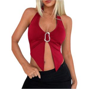 image:imageSOLY HUX Womens Halter Top V Neck Sleeveless Split Hem Backless Y2k Crop Tank TopsSolid Red