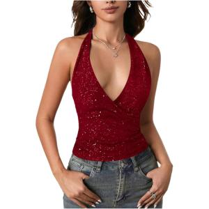 image:imageSOLY HUX Womens Halter Tops Glitter Sparkly V Neck Wrap Ruched Backless Sleeveless Crop Tank Top Party ClubwearPlain Red
