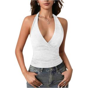 image:imageSOLY HUX Womens Halter Tops Glitter Sparkly V Neck Wrap Ruched Backless Sleeveless Crop Tank Top Party ClubwearPlain White