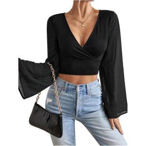 image:imageSOLY HUX Womens Mesh Crop Top Elegant Wrap V Neck Bell Sleeve Going Out T ShirtsPlain Black