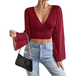 image:imageSOLY HUX Womens Mesh Crop Top Elegant Wrap V Neck Bell Sleeve Going Out T ShirtsPure Burgundy