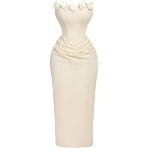 image:imageSOLY HUX Womens Midi Dress Floral Appliques Ruched Strapless Sleeveless Split Bodycon Tube DressesPure Apricot