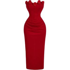 image:imageSOLY HUX Womens Midi Dress Floral Appliques Ruched Strapless Sleeveless Split Bodycon Tube DressesPure Red
