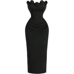 image:imageSOLY HUX Womens Midi Dress Floral Appliques Ruched Strapless Sleeveless Split Bodycon Tube DressesSolid Black