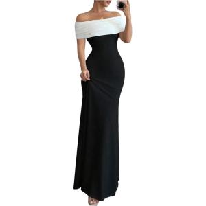 image:imageSOLY HUX Womens Off The Shoulder Color Block Bodycon Fishtail Long Maxi Dress Party Cocktail OutfitsBlack and White