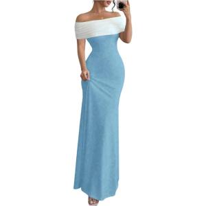 image:imageSOLY HUX Womens Off The Shoulder Color Block Bodycon Fishtail Long Maxi Dress Party Cocktail OutfitsBlue and White