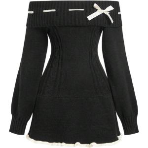 image:imageSOLY HUX Womens Off The Shoulder Sweater Dress Bowknot Knit Mini Dresses Bodycon Long Sleeve Sweater Dress 2024 TrendyPlain Black