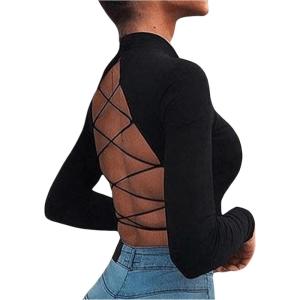 image:imageSOLY HUX Womens Open Back Tops Mock Neck Long Sleeve Criss Cross Backless T Shirt Going Out Crop TopPlain Black