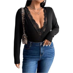 image:imageSOLY HUX Womens Plus Size Contrast Lace Deep V Neck T Shirt Long Sleeve Slim Fit Tee TopBlack
