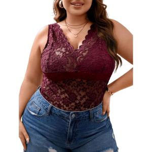 image:imageSOLY HUX Womens Plus Size Floral Lace Sheer V Neck Scalloped Trim Sleeveless Tank TopsSolid Burgundy