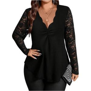 image:imageSOLY HUX Womens Plus Size Lace Tops V Neck Long Sleeve Tee Scallop Trim T Shirt Fall ClothesPure Black