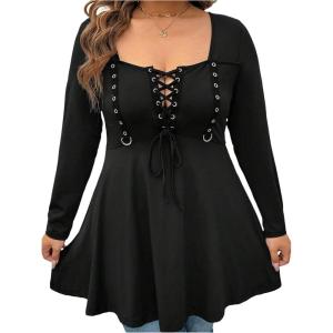 image:imageSOLY HUX Womens Plus Size Peplum Tops Lace Up Square Neck Long Sleeve Ruffle Hem Tee Flowy Casual T ShirtPure Black