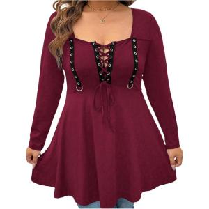 image:imageSOLY HUX Womens Plus Size Peplum Tops Lace Up Square Neck Long Sleeve Ruffle Hem Tee Flowy Casual T ShirtPure Burgundy