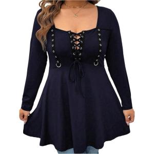 image:imageSOLY HUX Womens Plus Size Peplum Tops Lace Up Square Neck Long Sleeve Ruffle Hem Tee Flowy Casual T ShirtPure Dark Blue
