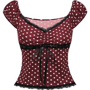image:imageSOLY HUX Womens Polka Dots Shirts Y2k Fairy Grunge Lace Patchwork Babydoll Crop Tee Tops Aesthetic ClothesBurgundy Polka Dots