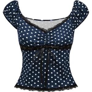 image:imageSOLY HUX Womens Polka Dots Shirts Y2k Fairy Grunge Lace Patchwork Babydoll Crop Tee Tops Aesthetic ClothesDark Blue Polka Dots