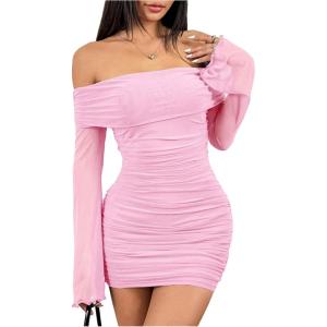 image:imageSOLY HUX Womens Ruched Mesh Off Shoulder Bodycon Mini Dress Bell Long Sleeve Club Party DressesPlain Pink