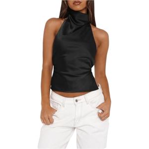 image:imageSOLY HUX Womens Satin Halter Backless Crop Top Sexy Sleeveless Tank Shirts Festival Party ClubwearPlain Black