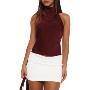 image:imageSOLY HUX Womens Satin Halter Backless Crop Top Sexy Sleeveless Tank Shirts Festival Party ClubwearPlain Burgundy
