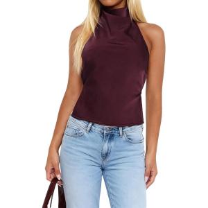 image:imageSOLY HUX Womens Satin Halter Backless Crop Top Sexy Sleeveless Tank Shirts Festival Party ClubwearPure Burgundy