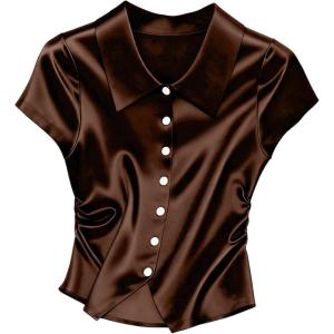 image:imageSOLY HUX Womens Satin Shirts Silk Button Down Collared Short Sleeve Ruched Dressy Casual Work Blouse TopsPure Coffee Brown