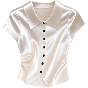 image:imageSOLY HUX Womens Satin Shirts Silk Button Down Collared Short Sleeve Ruched Dressy Casual Work Blouse TopsPure White