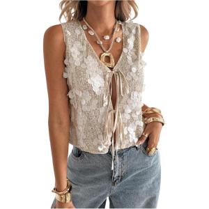 image:imageSOLY HUX Womens Sequin Lace Up Tank Top Sparkly Deep V Neck Sleeveless Shirts Party Crop VestPlain Apricot