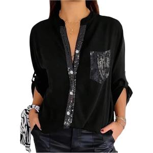 image:imageSOLY HUX Womens Sequin Tops Button Down Sparkle Shirts Casual Long Sleeve BlousesSolid Black