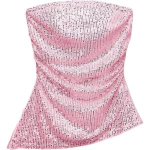 image:imageSOLY HUX Womens Sequin Tube Tops Sparkly Strapless Sleeveless Bandeau Split Asymmetric Hem Top Party ClubwearPlain Pink