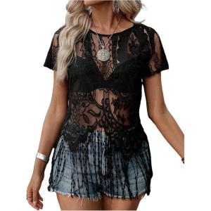image:imageSOLY HUX Womens Sheer Fringe Tops Short Sleeve Floral Lace See Through Vintage T Shirts Vacation OutfitPlain Black