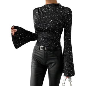 image:imageSOLY HUX Womens Sparkly T Shirt Mock Neck Bell Long Sleeve Ruched Fitted Tee Party Going Out TopsPure Black