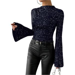 image:imageSOLY HUX Womens Sparkly T Shirt Mock Neck Bell Long Sleeve Ruched Fitted Tee Party Going Out TopsPure Blue
