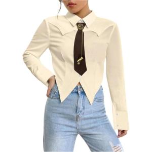 image:imageSOLY HUX Womens Striped Print Button Down College Shirts Long Sleeve Tie Blouse Tops Preppy ClothesPlain Apricot