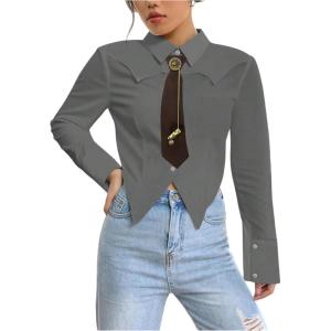 image:imageSOLY HUX Womens Striped Print Button Down College Shirts Long Sleeve Tie Blouse Tops Preppy ClothesPlain Grey
