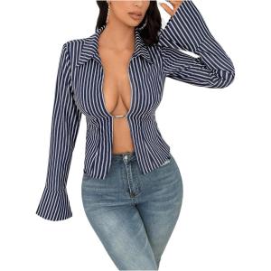 image:imageSOLY HUX Womens Striped Shirt Open Front Bell Long Sleeve Collared Blouse TopsRoyal Blue Striped