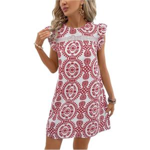image:imageSOLY HUX Womens Summer Boho Tunic Dress Ruffle Cap Sleeve Crewneck Vacation Beach Short DressesRed and White Print