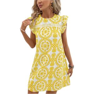 image:imageSOLY HUX Womens Summer Boho Tunic Dress Ruffle Cap Sleeve Crewneck Vacation Beach Short DressesYellow Print