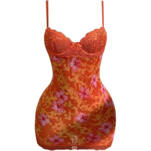 image:imageSOLY HUX Womens Summer Floral Lace Trim Mini Dress Spaghetti Strap Bodycon Party Cami DressesOrange Floral