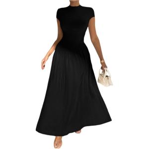 image:imageSOLY HUX Womens Summer Maxi Dress Modest Mock Neck Cap Sleeve A Line Flowy Elegant Long DressesPlain Black