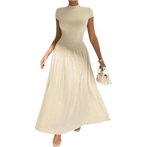 image:imageSOLY HUX Womens Summer Maxi Dress Modest Mock Neck Cap Sleeve A Line Flowy Elegant Long DressesPlain Khaki