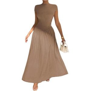 image:imageSOLY HUX Womens Summer Maxi Dress Modest Mock Neck Cap Sleeve A Line Flowy Elegant Long DressesPure Khaki