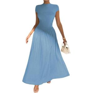 image:imageSOLY HUX Womens Summer Maxi Dress Modest Mock Neck Cap Sleeve A Line Flowy Elegant Long DressesSolid Pale Blue