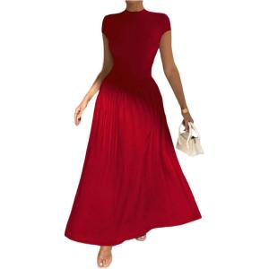 image:imageSOLY HUX Womens Summer Maxi Dress Modest Mock Neck Cap Sleeve A Line Flowy Elegant Long DressesSolid Red