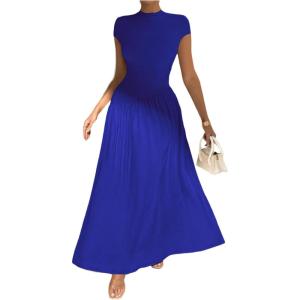 image:imageSOLY HUX Womens Summer Maxi Dress Modest Mock Neck Cap Sleeve A Line Flowy Elegant Long DressesSolid Royal Blue