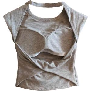 image:imageSOLY HUX Womens Twist Open Back Tank Tops with Built in Bra Sleeveless Crewneck Backless Summer Crop TopPure Grey