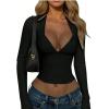 image:imageSOLY HUX Womens Deep V Neck Long Sleeve Cropped T Shirts Slim Fit Going Out Crop TopsPlain Black